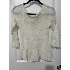 Mastro Moda White Linen Smocked Ruffle Blouse Top Made in‎ Italy Size M
